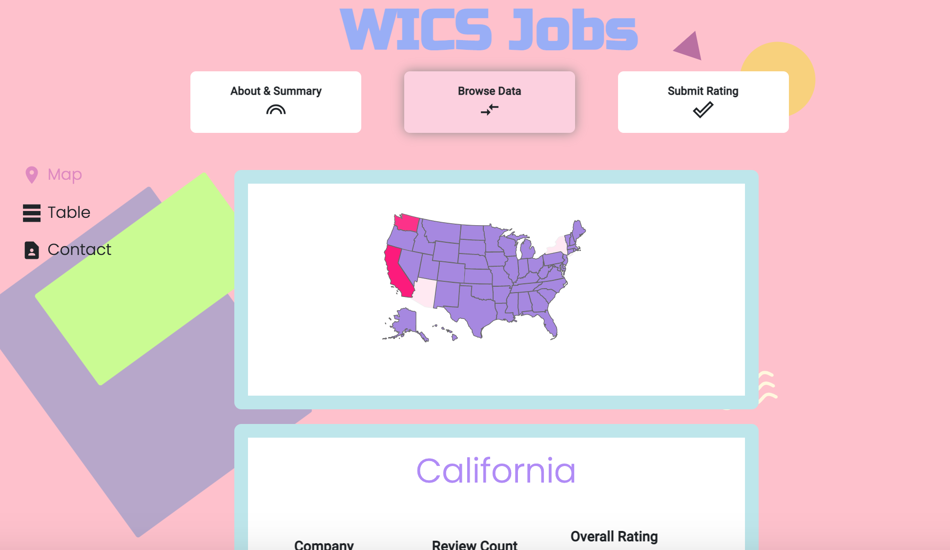 The state map view of the WICS Jobs application