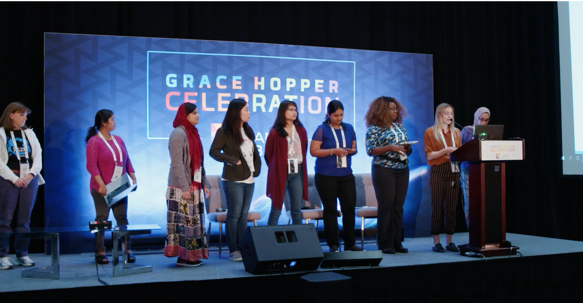 Presenting at the Grace Hopper Hackathon in 2018.